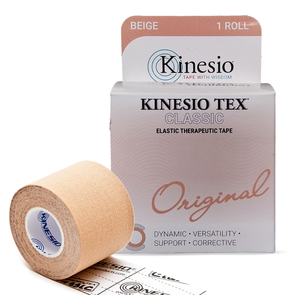 Kinesio paquete frontal mostrando cinta beige y tamaño claramente