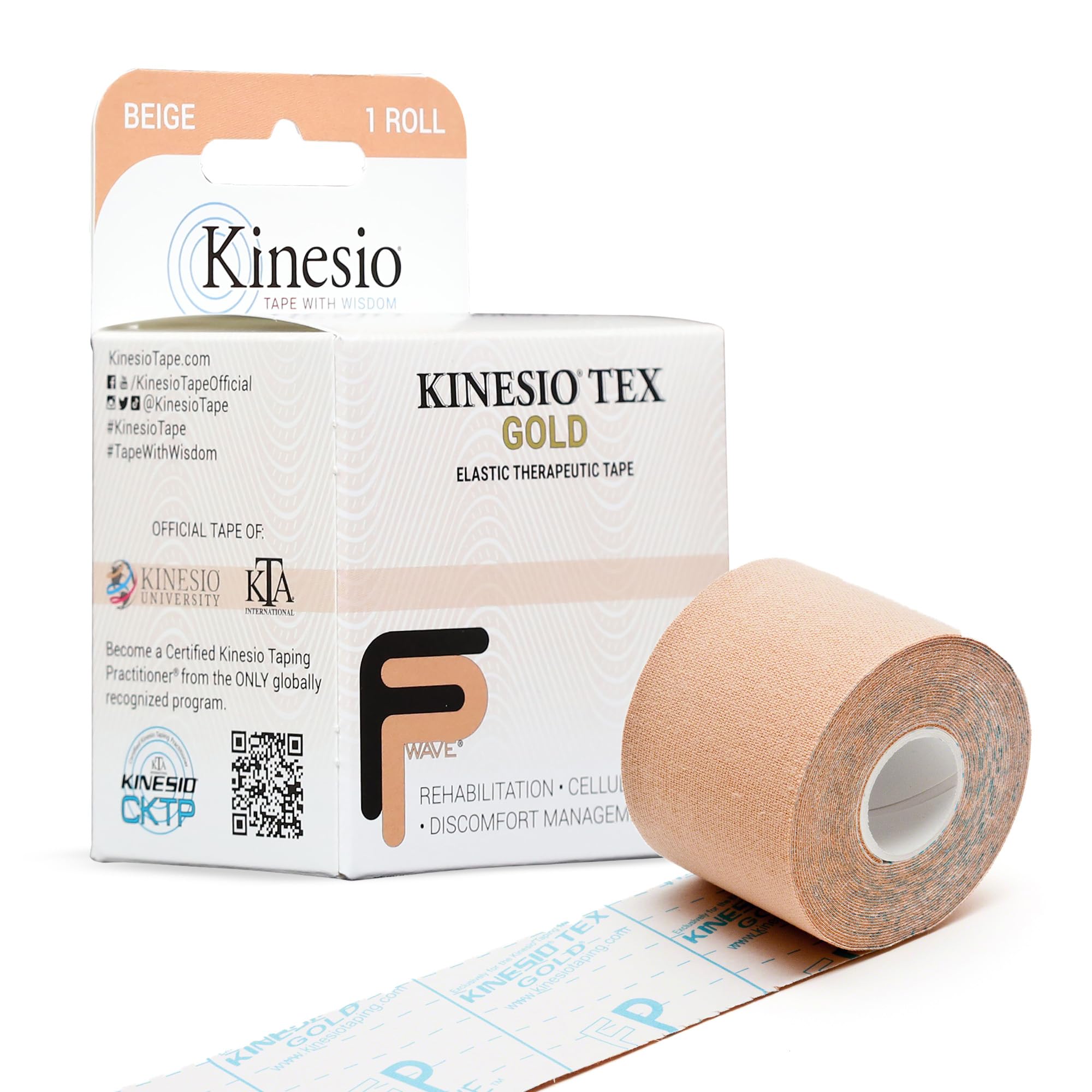 Kinesio embalaje frontal beige mostrando rollo y tamaño, beneficio: identificación fácil