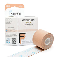 Kinesio embalaje frontal beige mostrando rollo y tamaño, beneficio: identificación fácil