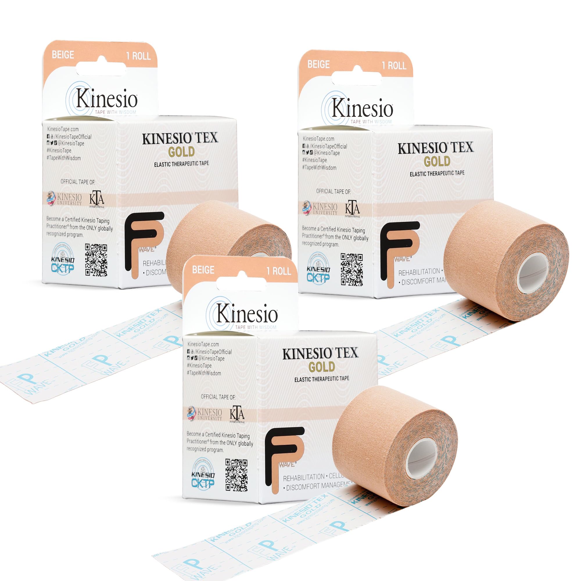 Kinesio empaque frontal mostrando pack de tres rollos y beneficio profesional