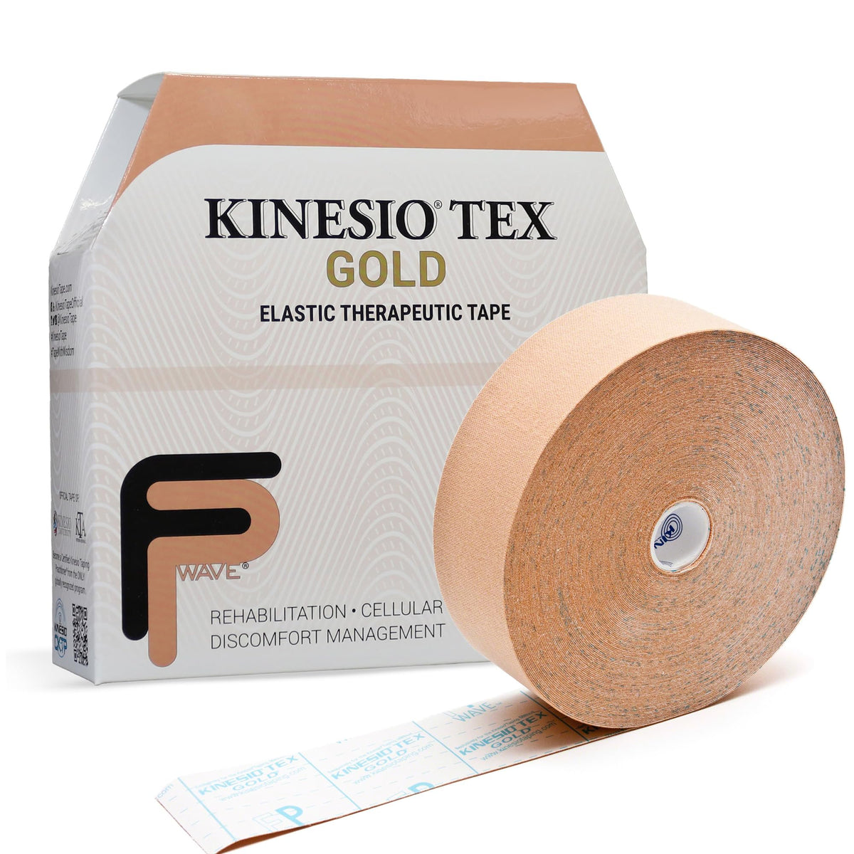 Kinesio Tex Gold FP frontal del rollo mostrando el tamaño y uso profesional