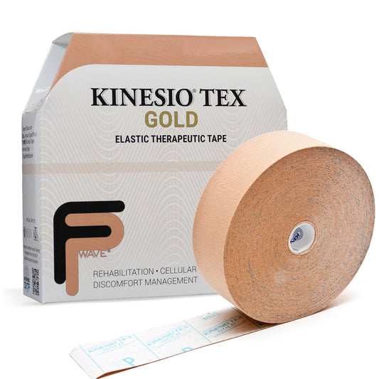 Kinesio Tex Gold FP frontal del rollo mostrando el tamaño y uso profesional