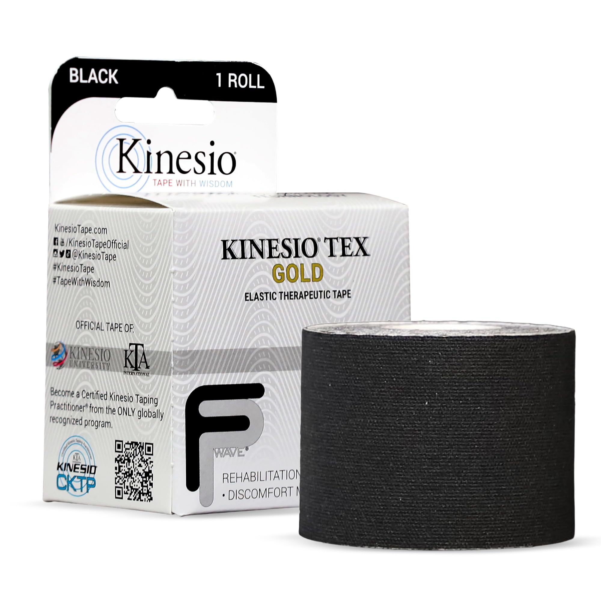 Kinesio rollo negro frontal muestra tamaño y textura, soporte confiable para movimiento