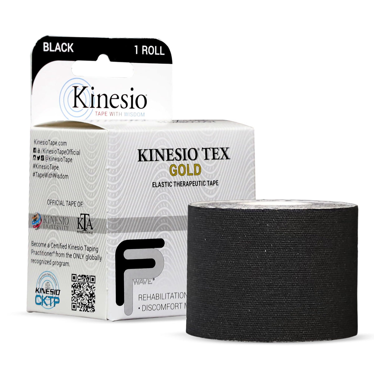 Kinesio rollo negro frontal muestra tamaño y textura, soporte confiable para movimiento