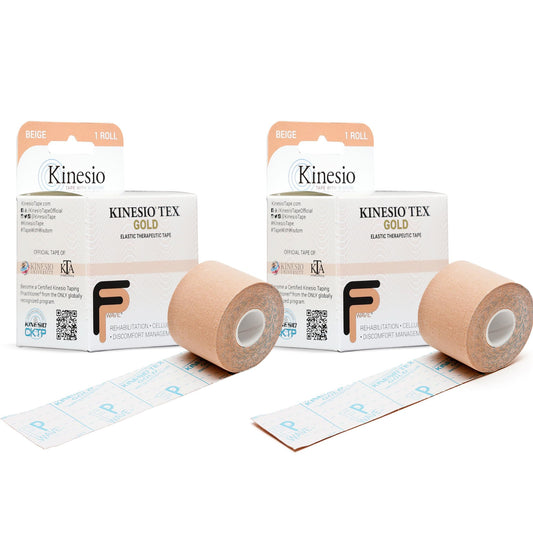 Kinesio Tex Gold FP frontal del embalaje mostrando rollos y beneficio profesional
