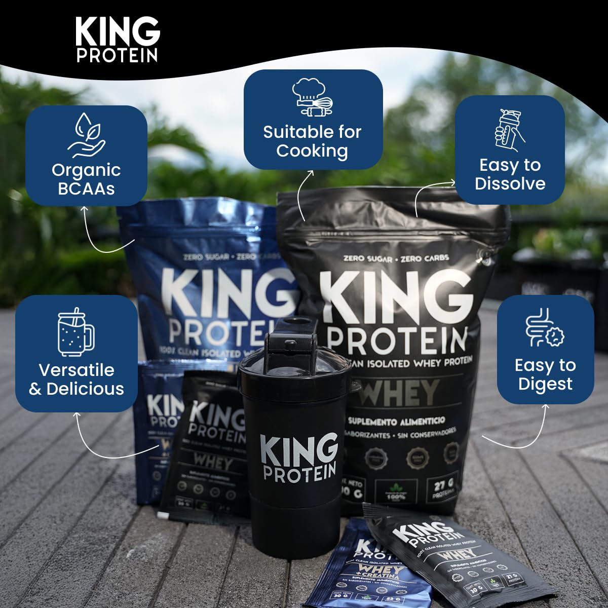 KING Protein cuchara medidora junto a la bolsa para control de porciones