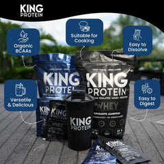 KING Protein cuchara medidora junto a la bolsa para control de porciones