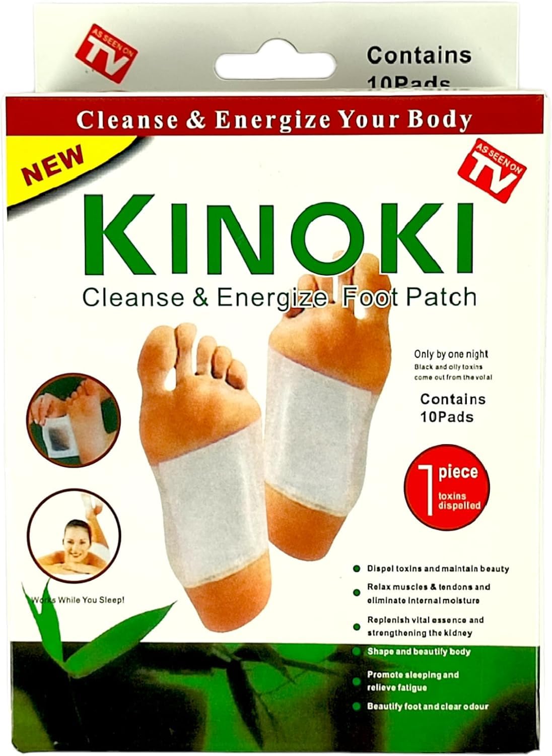 Kinoki parche frontal del empaque mostrando diseño y facilidad de uso para alivio