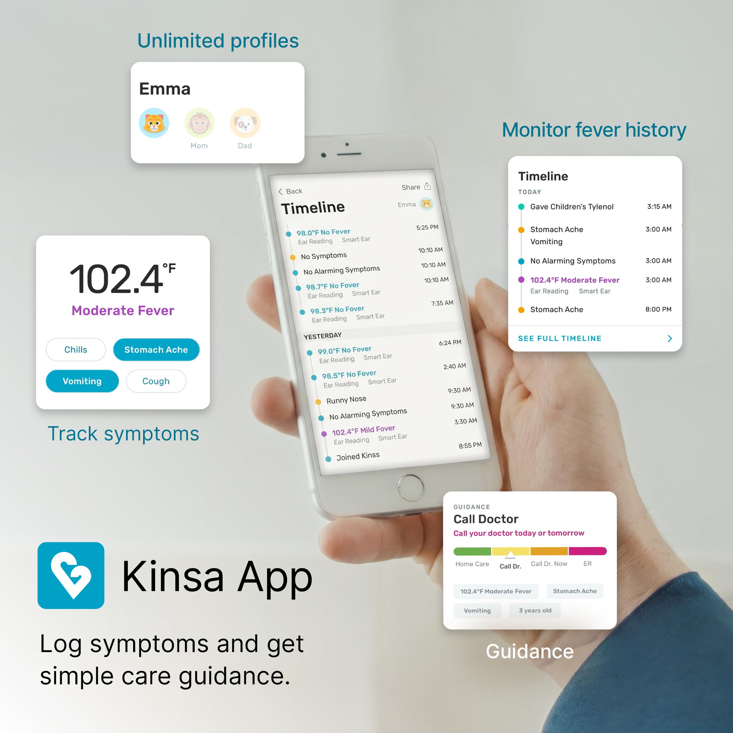 Kinsa QuickCare en uso con bebé demostrando aplicación cómoda y segura
