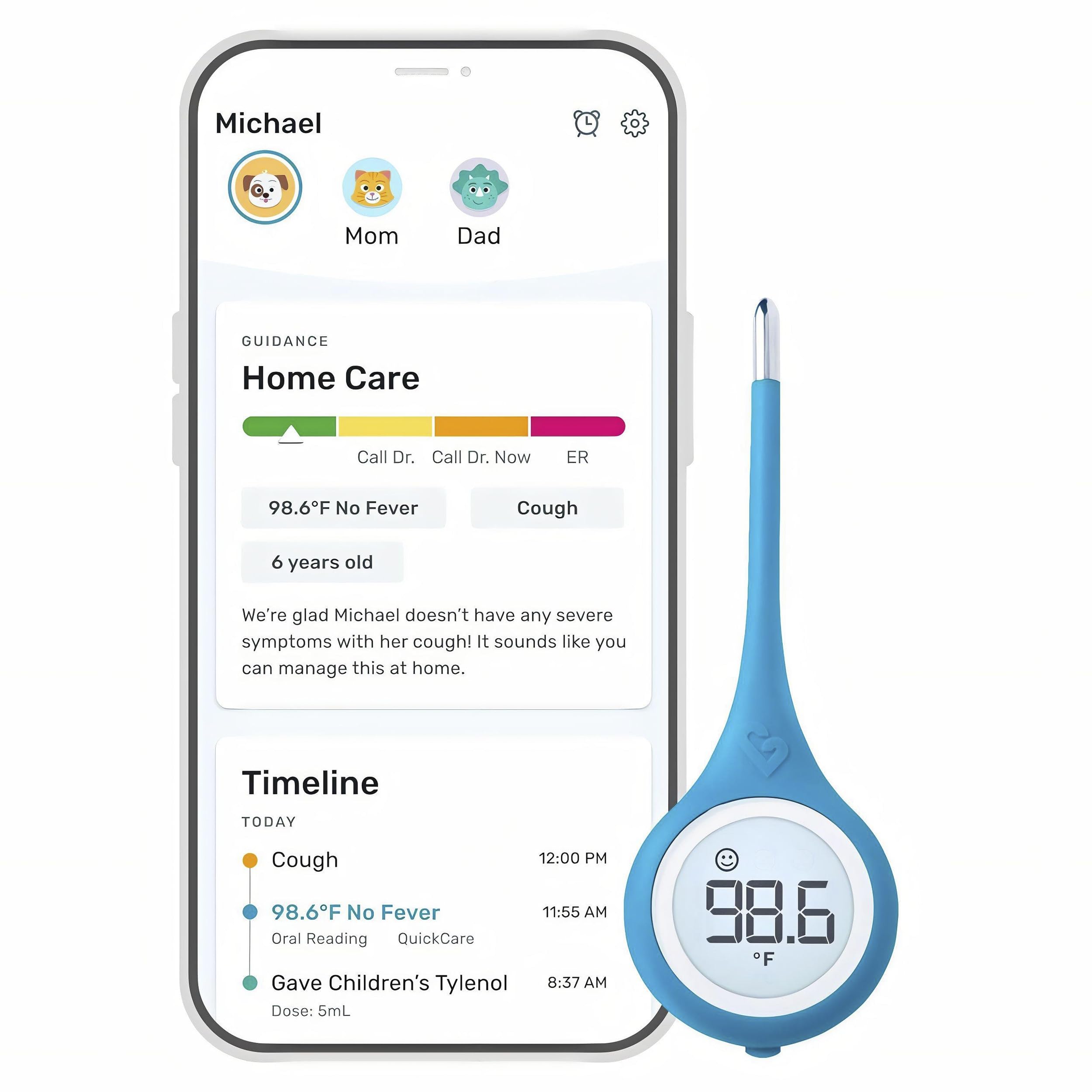 Kinsa QuickCare vista frontal mostrando diseño ergonómico y botón único