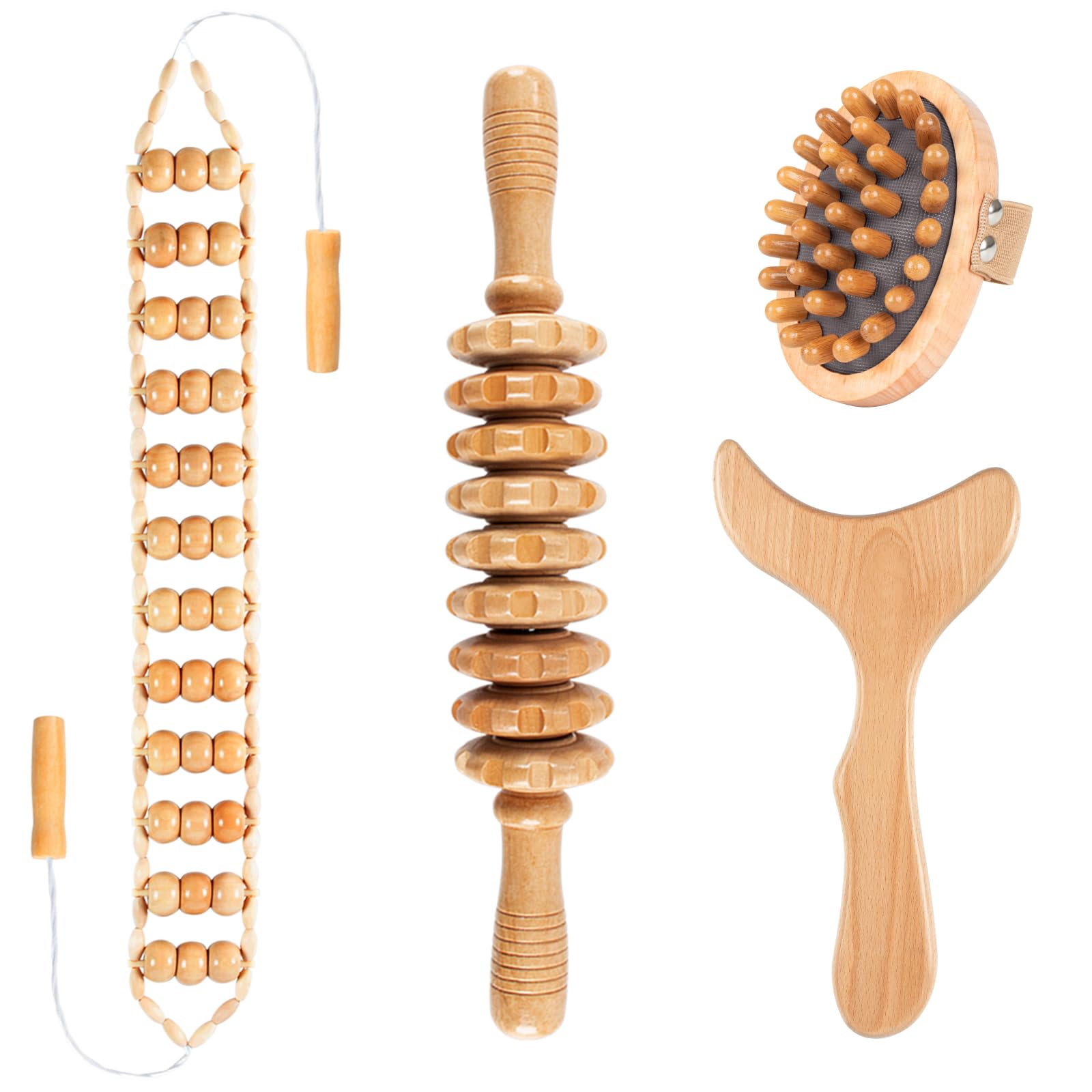 KintKita kit presentado frontalmente mostrando las cuatro herramientas para maderoterapia y control casero