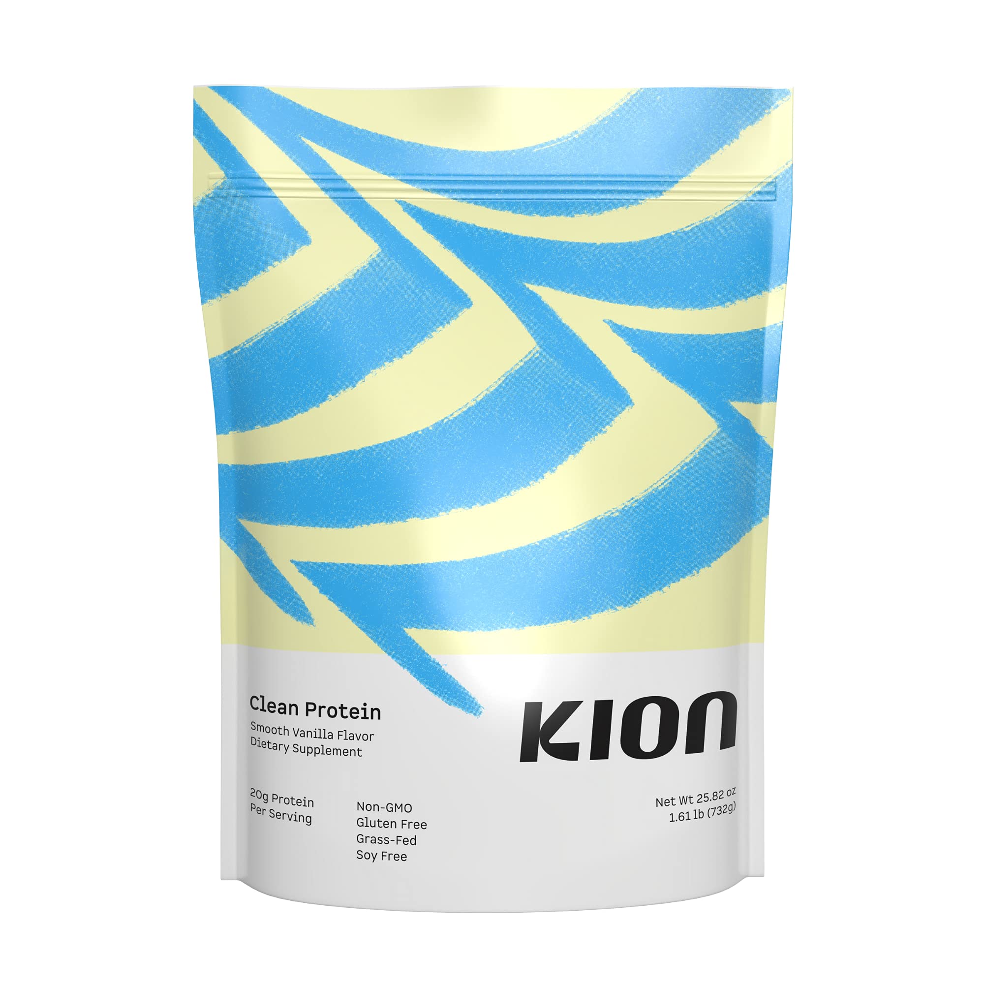 Kion envase frontal que destaca proteína grass-fed y sabor vainilla para confianza