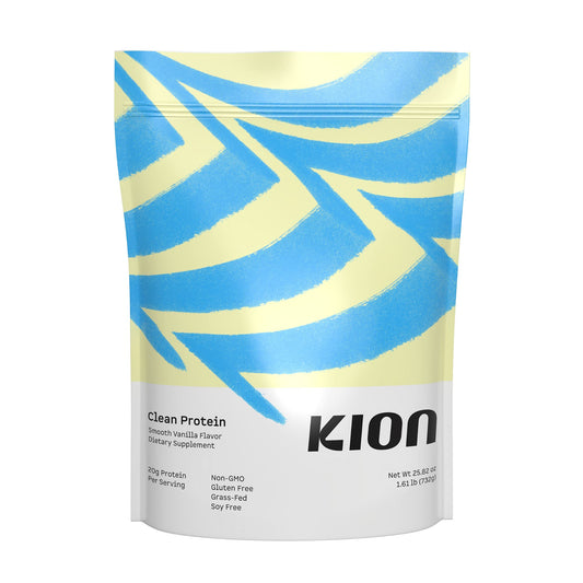 Kion envase frontal que destaca proteína grass-fed y sabor vainilla para confianza