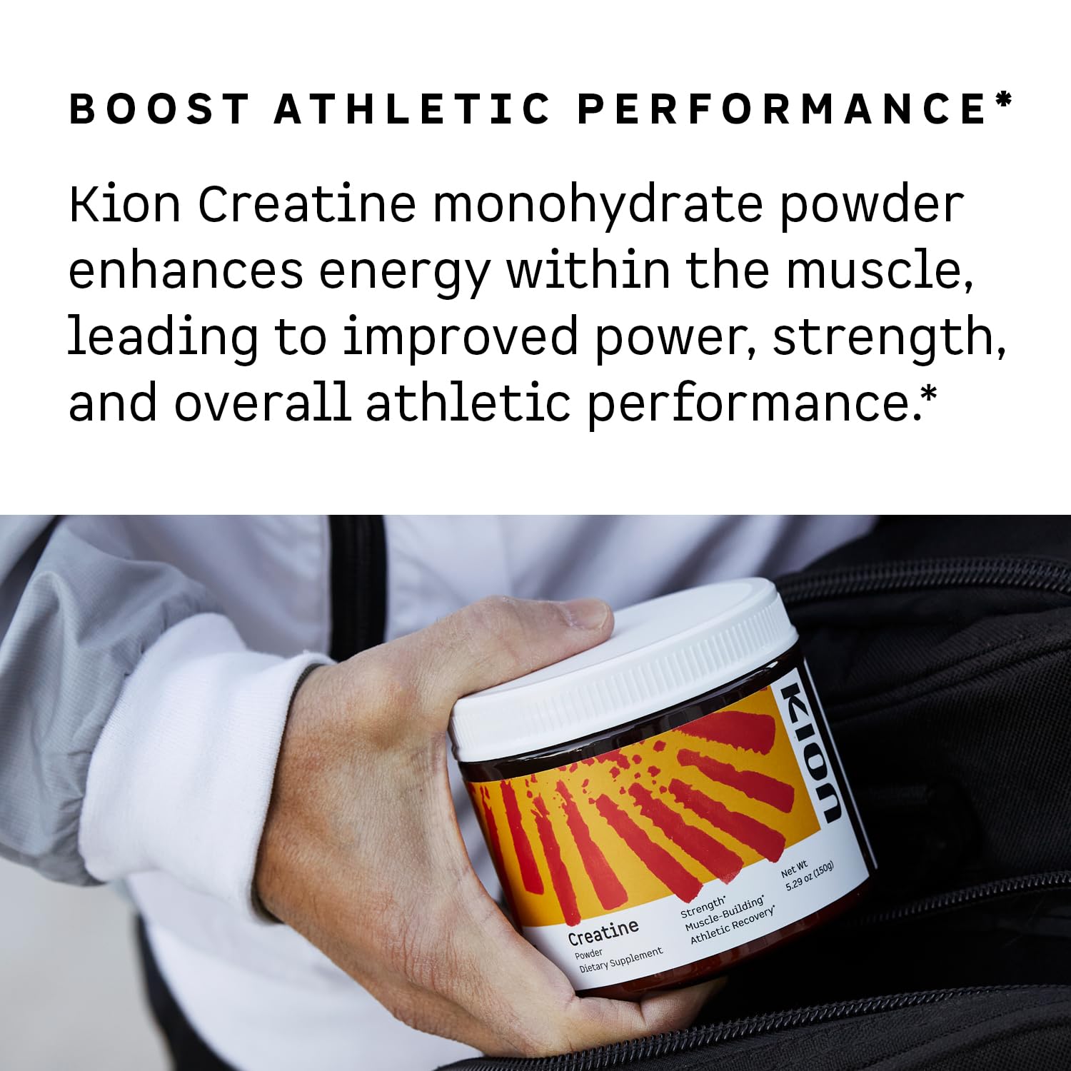 Kion Creatine etiqueta en primer plano señalando Creapure y certificaciones