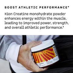 Kion Creatine etiqueta en primer plano señalando Creapure y certificaciones