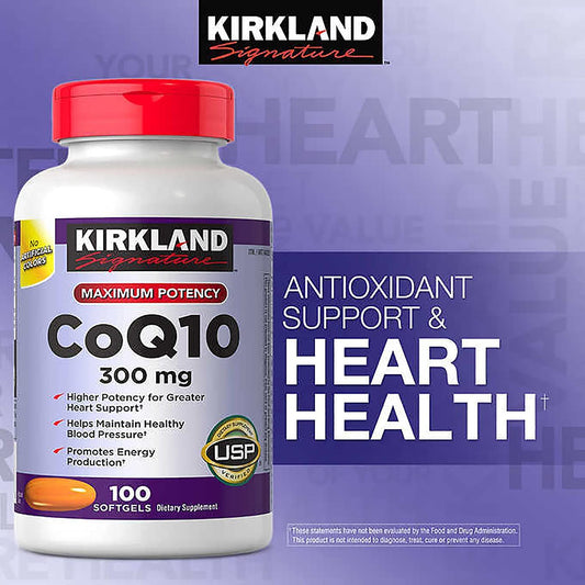 Kirkland CoQ10 300 mg softgels close-up, antioxidant protection for cellular wellness.