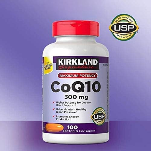 Kirkland CoQ10 300 mg, etiqueta frontal, fácil de identificar para su uso diario.