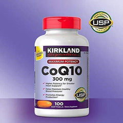 Kirkland CoQ10 300 mg, etiqueta frontal, fácil de identificar para su uso diario.