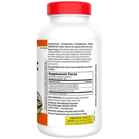 KIRKLAND curcuma con pimienta negra, frasco práctico para la rutina diaria.
