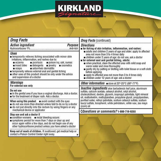 Kirkland Signature crema hidrocortisona 1% en piel para alivio del picor localizado.