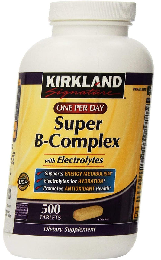 Kirkland Signature Complejo B con electrolitos, envase de 500 tabletas para apoyo diario de energía.
