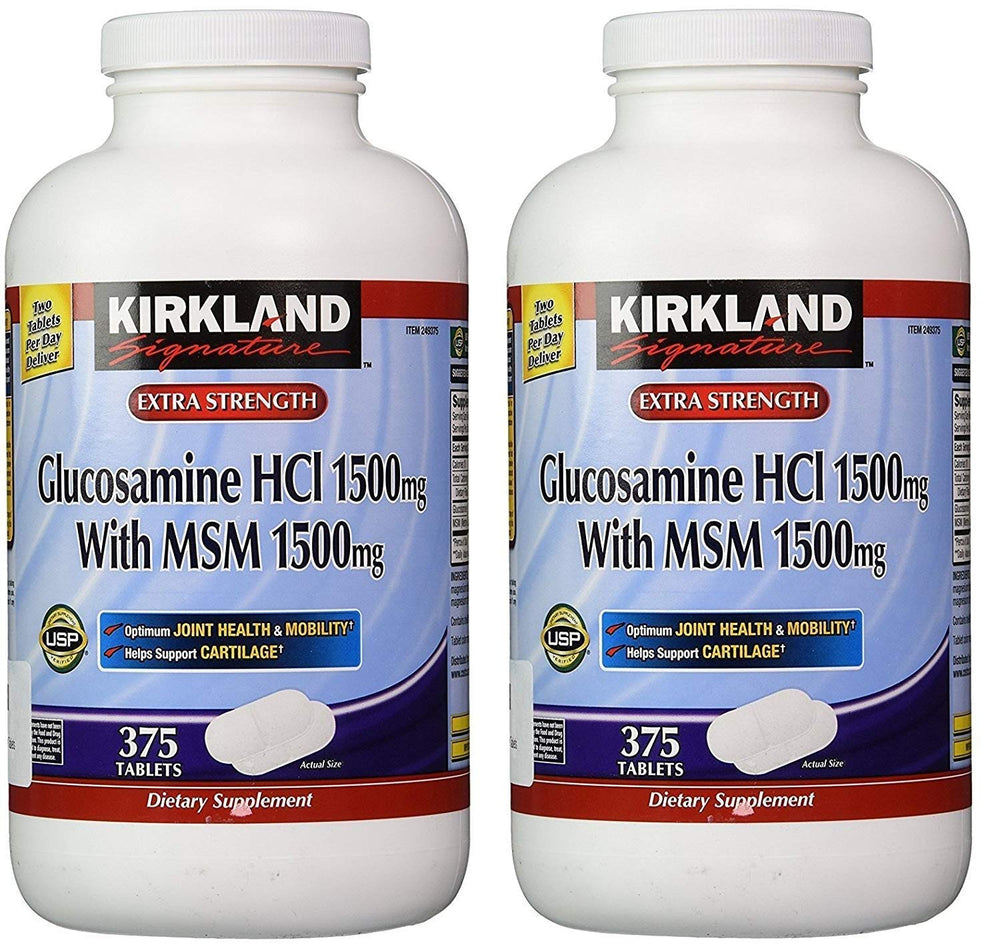 Kirkland Signature Glucosamina HCI con MSM, dúo de frascos para movilidad diaria.