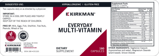Kirkman multivitamina diaria, etiqueta sin lacteos, adecuada para dietas específicas.