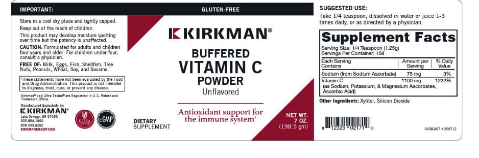Kirkman Vitamina C Bufferada, polvo para disolver, fácil mezcla en agua.