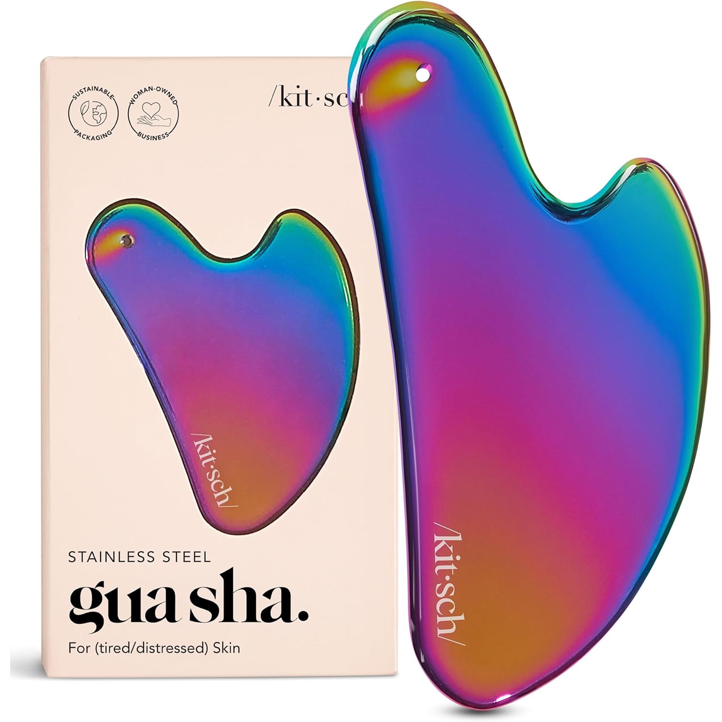 Kitsch vista frontal del gua sha iridiscente muestra diseño ergonómico y acabado duradero