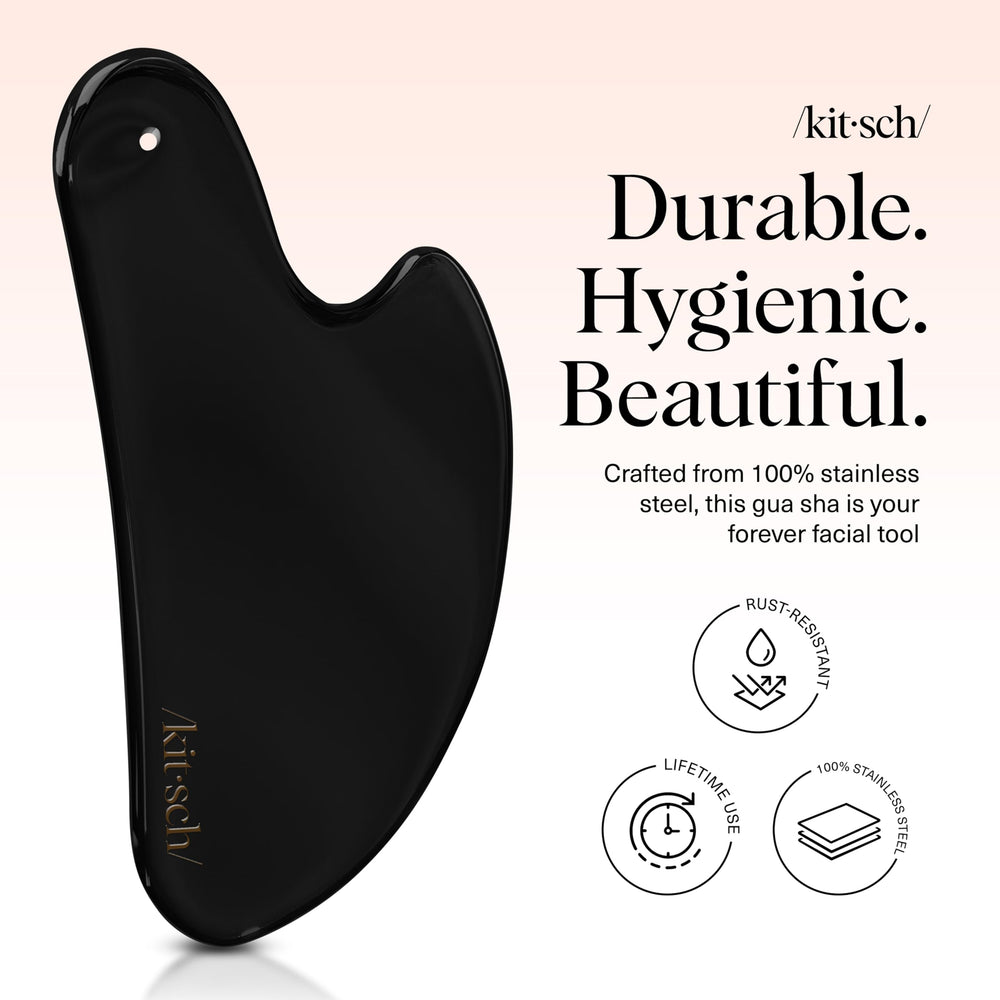 Kitsch gua sha detalle de superficie lisa de acero que facilita limpieza rápida