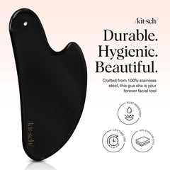 Kitsch gua sha detalle de superficie lisa de acero que facilita limpieza rápida