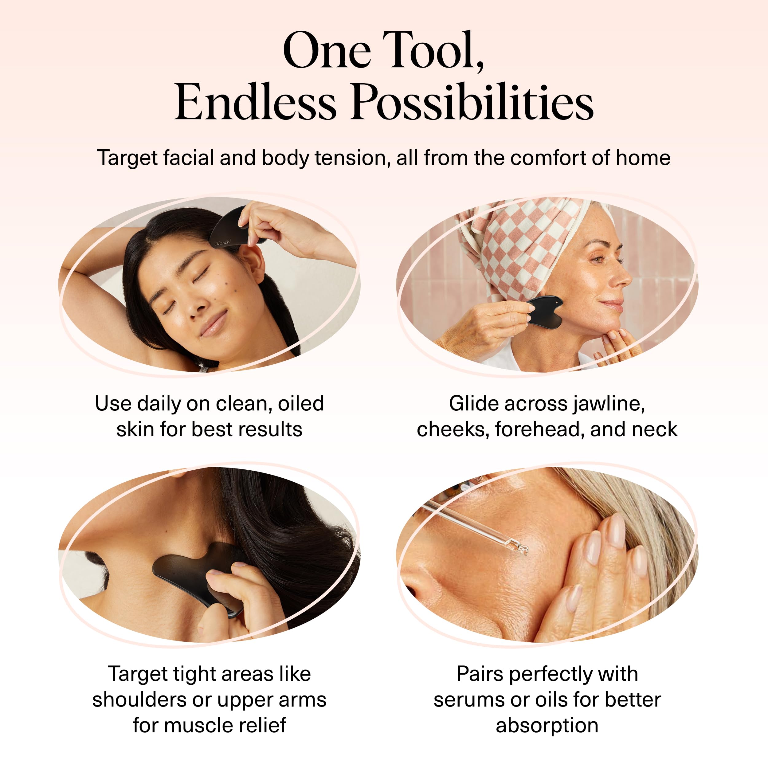 Kitsch gua sha sobre rostro con aceite mostrando distribución uniforme del producto