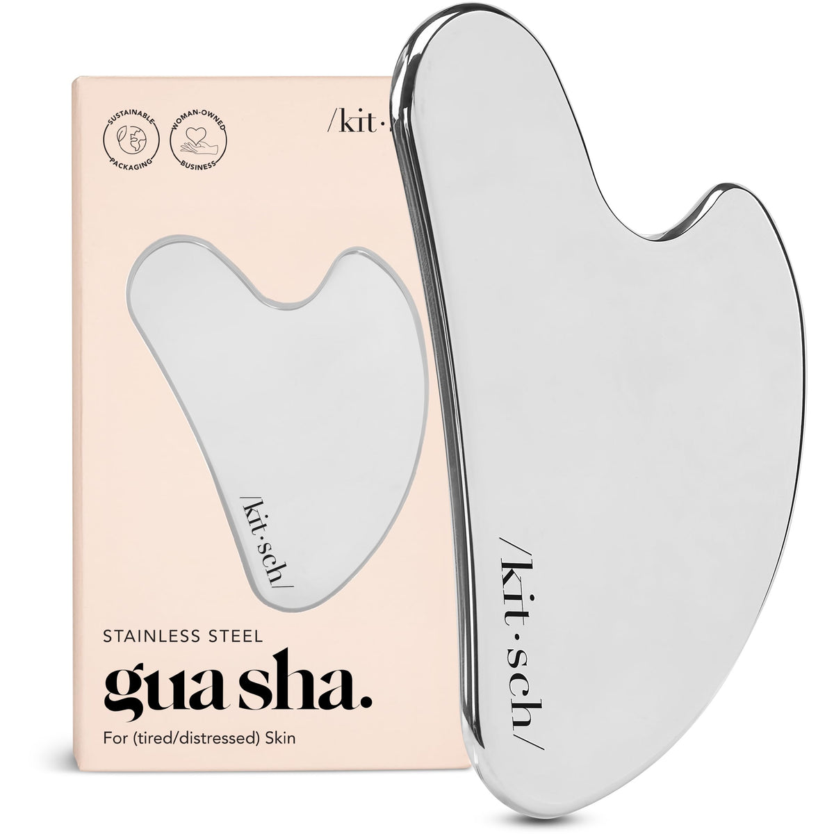 Kitsch gua sha plateado vista frontal, diseño ergonómico y acabado elegante