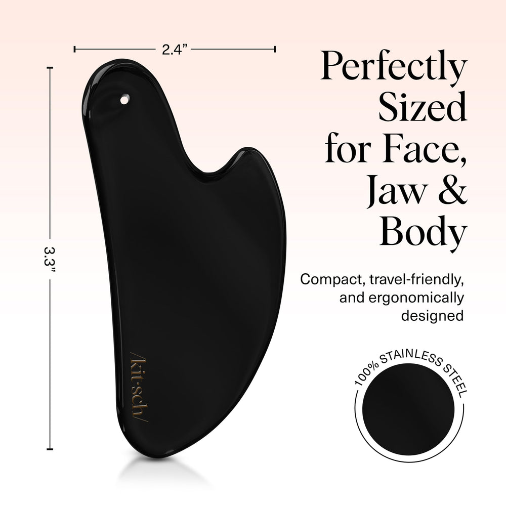 Kitsch gua sha etiqueta que indica acero inoxidable y ventaja de durabilidad