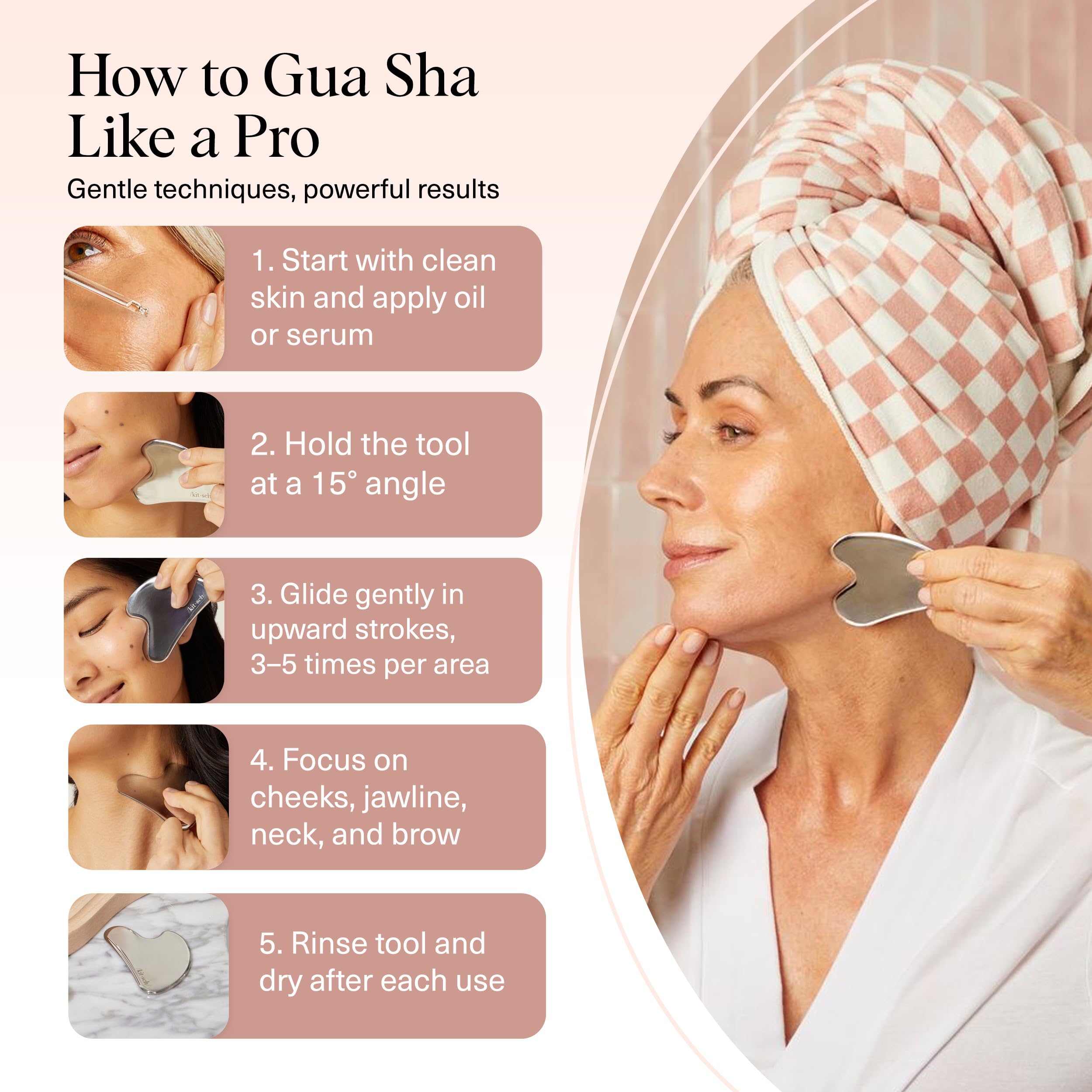 Escena de rutina matutina con Kitsch gua sha frente al espejo, sensación refrescante