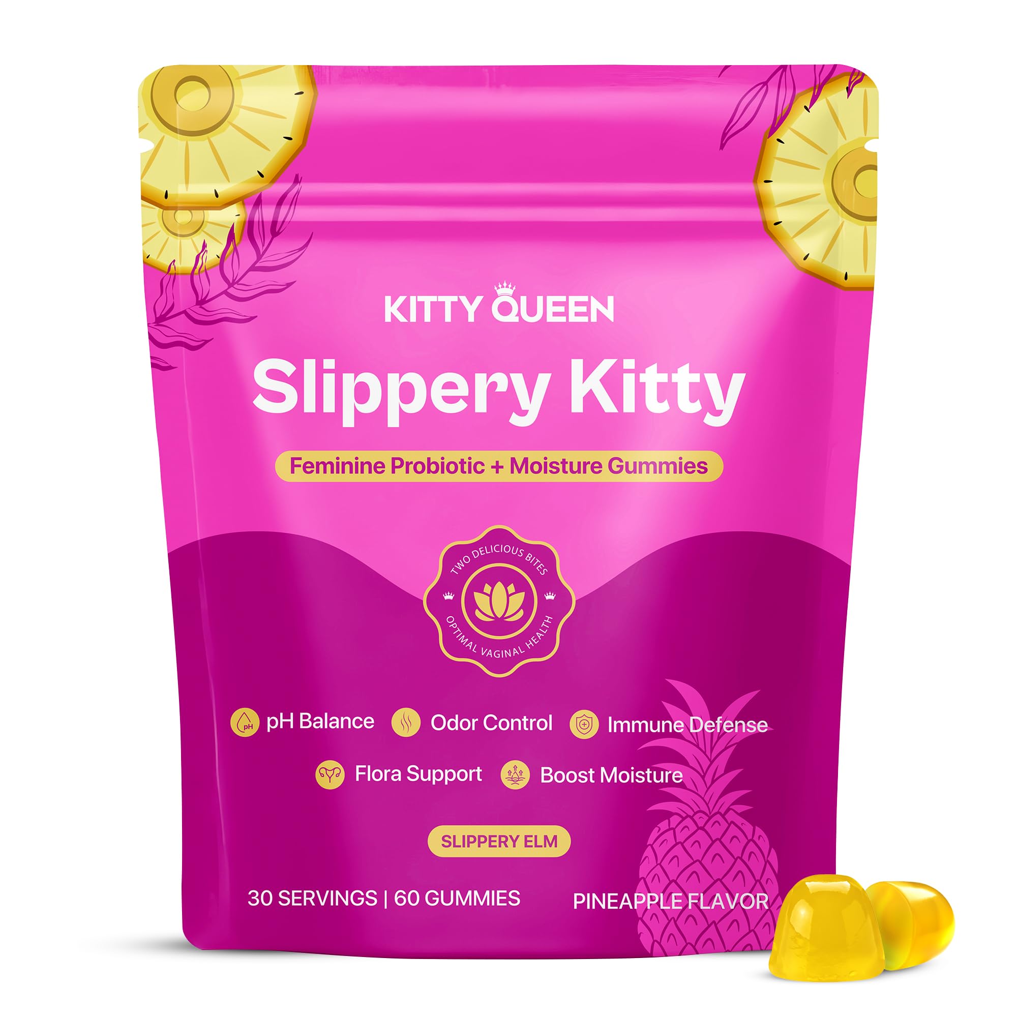 KITTYQUEEN envase frontal mostrando 60 gomitas y beneficios