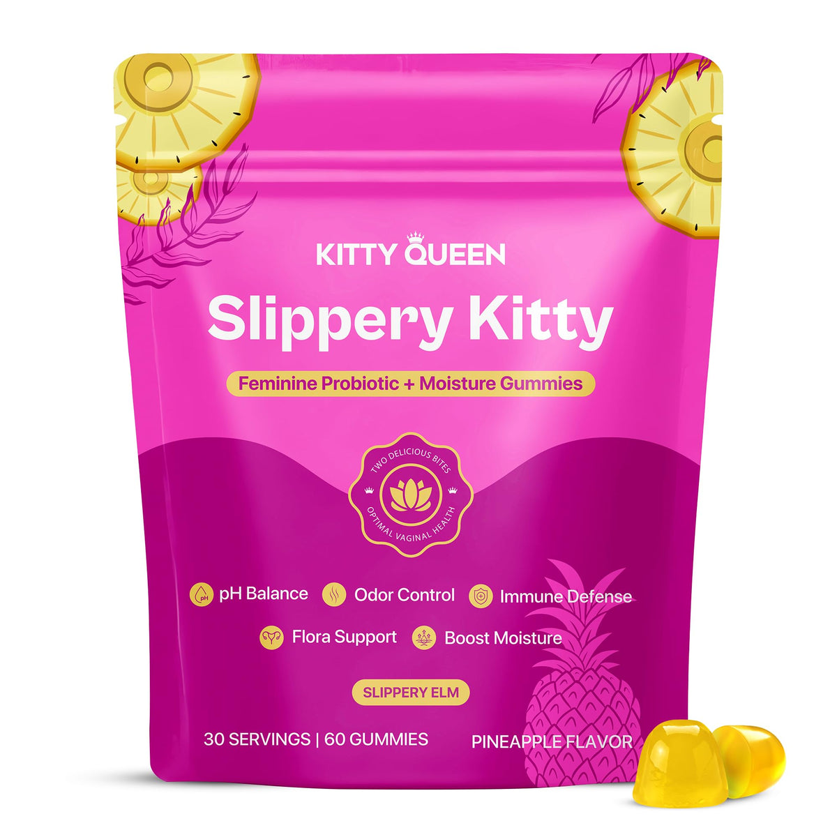 KITTYQUEEN envase frontal mostrando 60 gomitas y beneficios