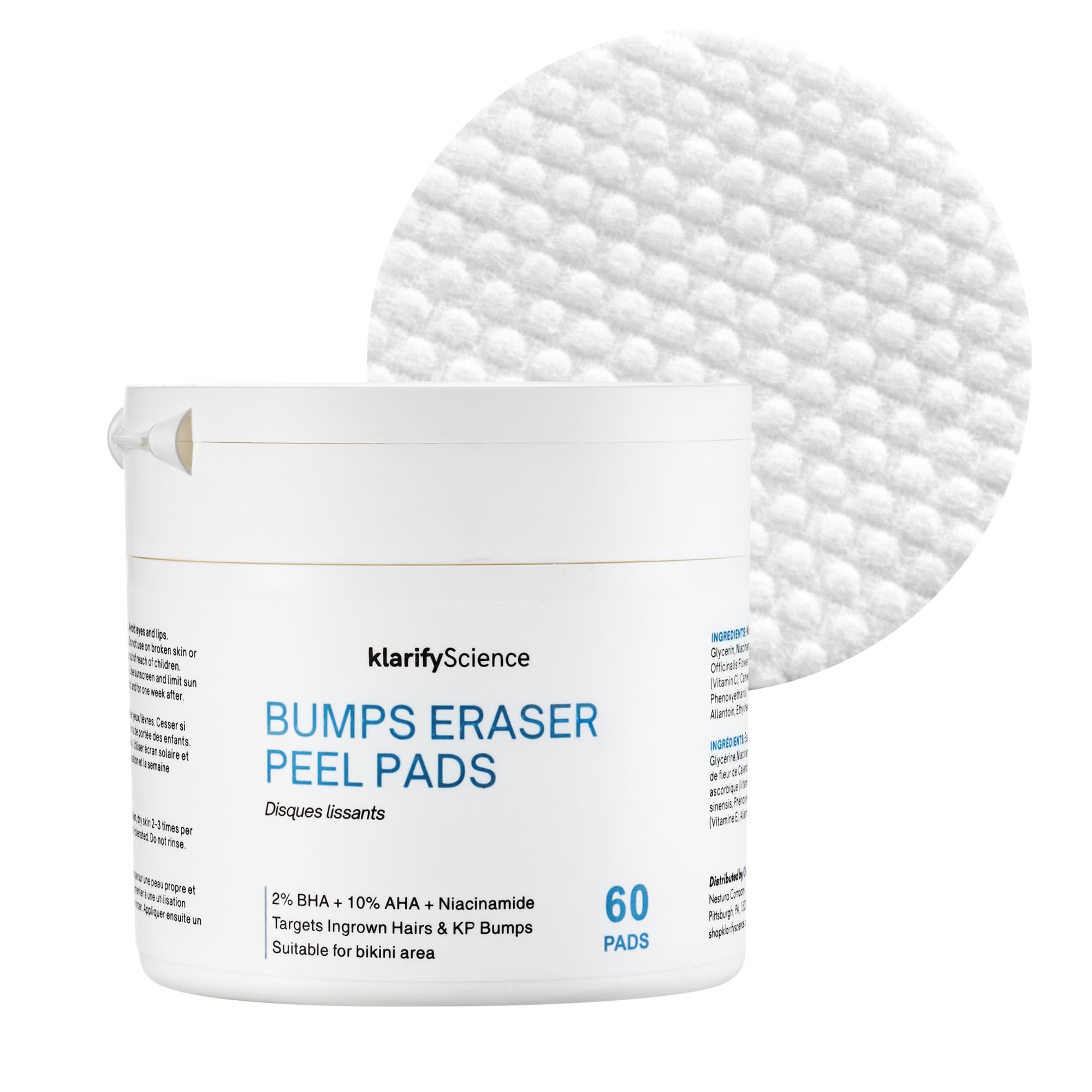 klarifyScience empaque frontal mostrando 60 pads y beneficios visibles