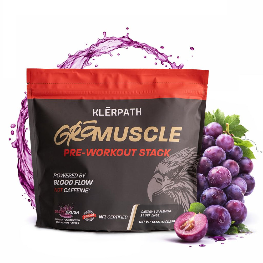 Klerpath GroMuscle vista frontal mostrando caja y sobres, práctico para llevar