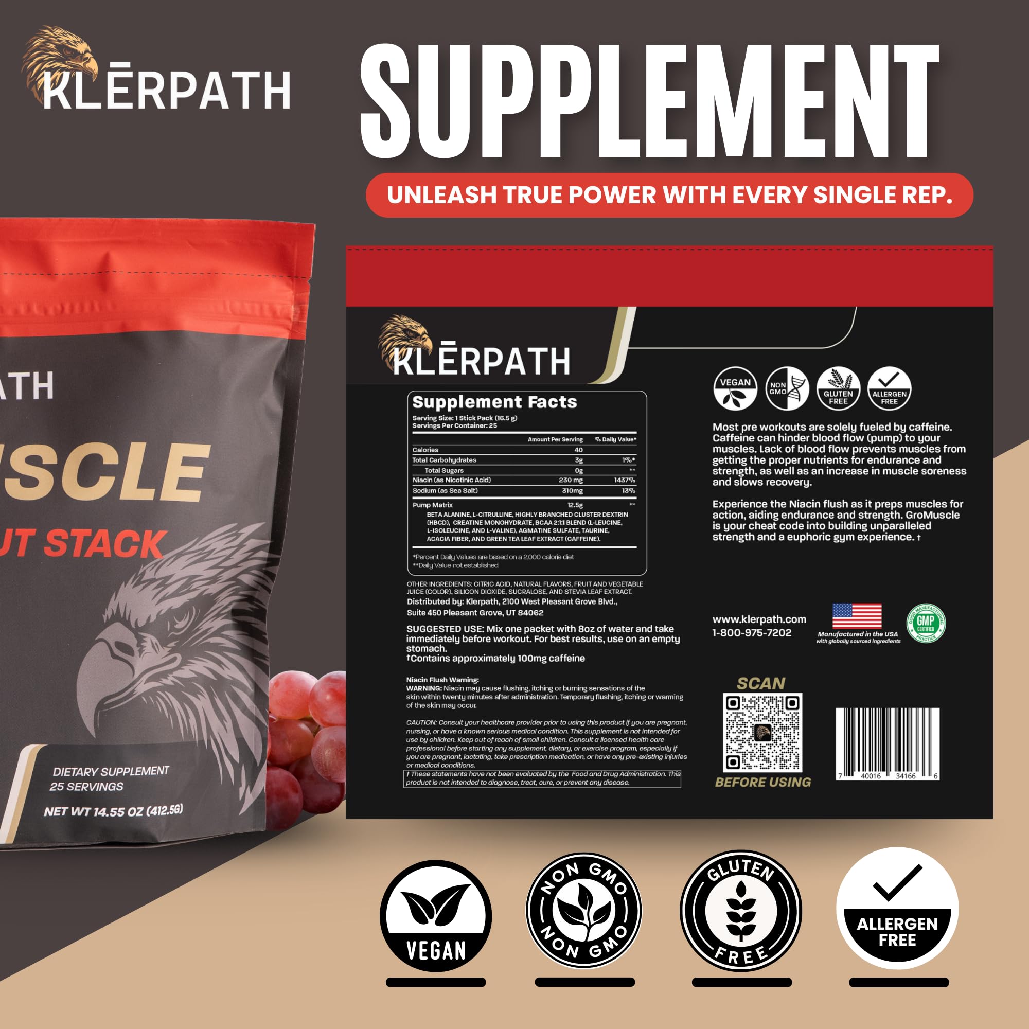 Klerpath GroMuscle preparado en vaso con agua, listo para entrenar