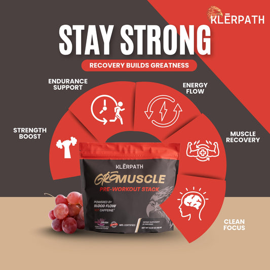 Klerpath GroMuscle sobre abierto con polvo visible, fácil de dosificar