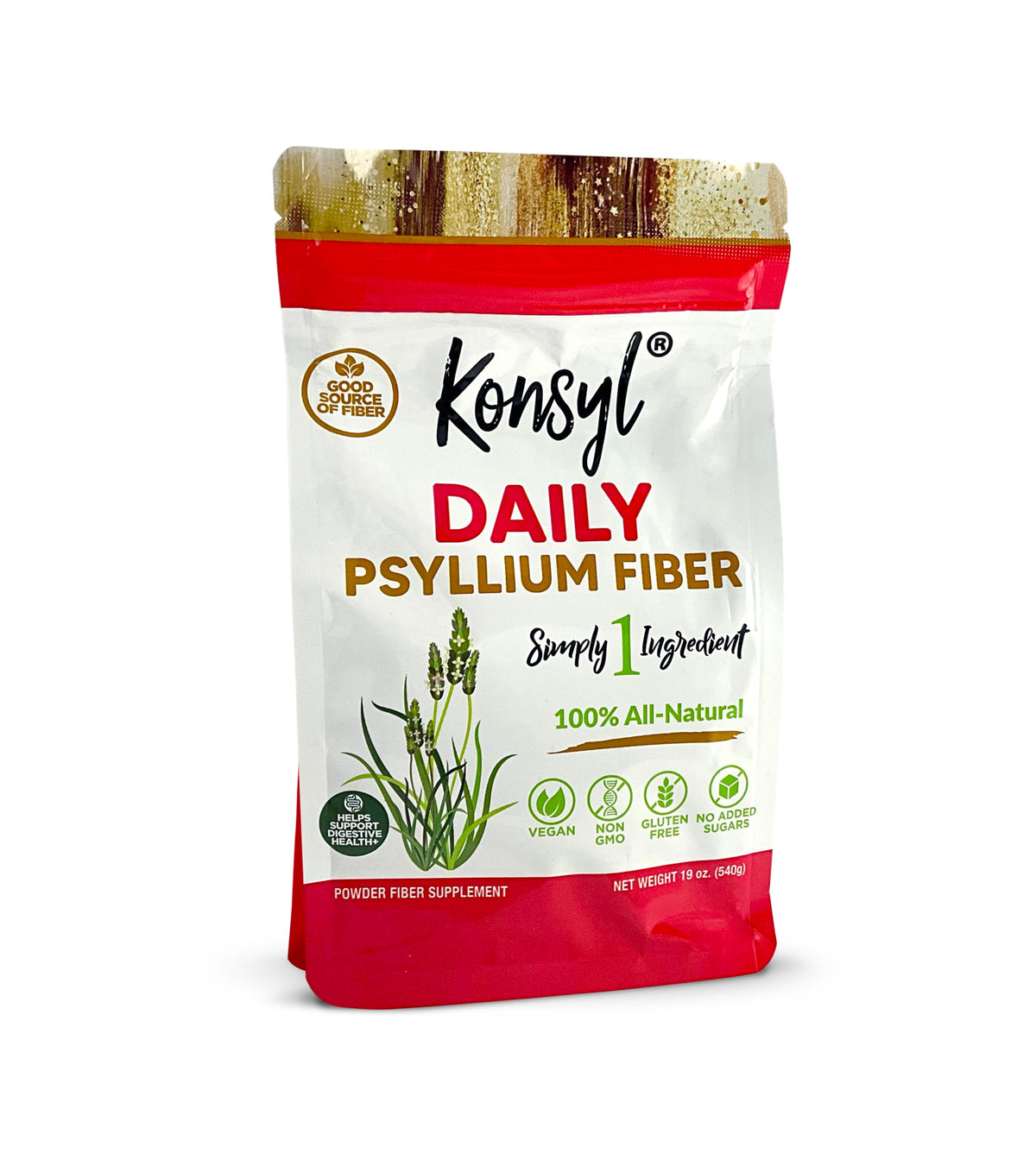Konsyl frente del empaque mostrando 19 oz y sello resellable