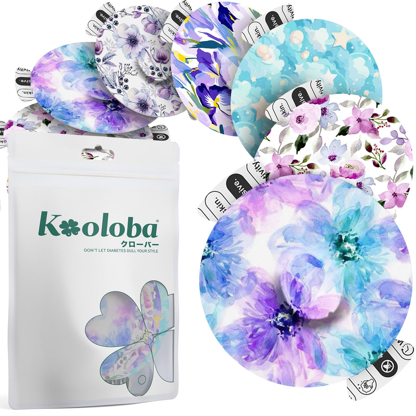 Kooloba empaque frontal mostrando 20 parches y diseños variados