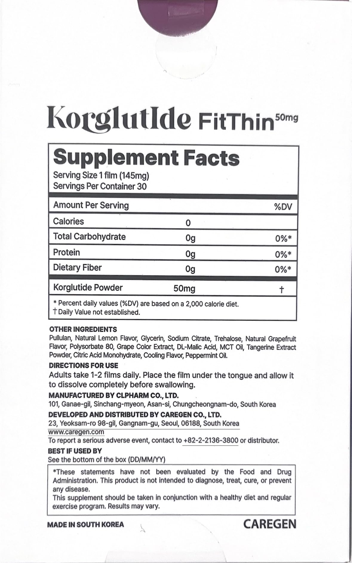 Korglutide etiqueta con información de 50mg por película calidad