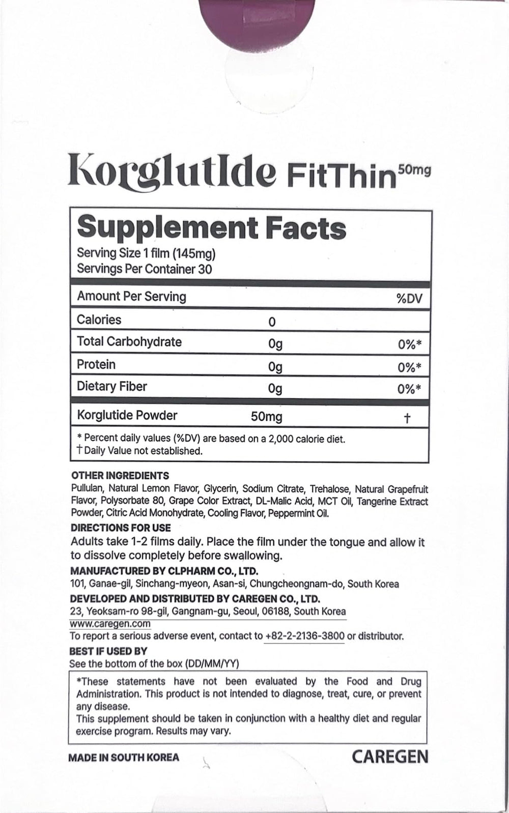 Korglutide etiqueta con información de 50mg por película calidad