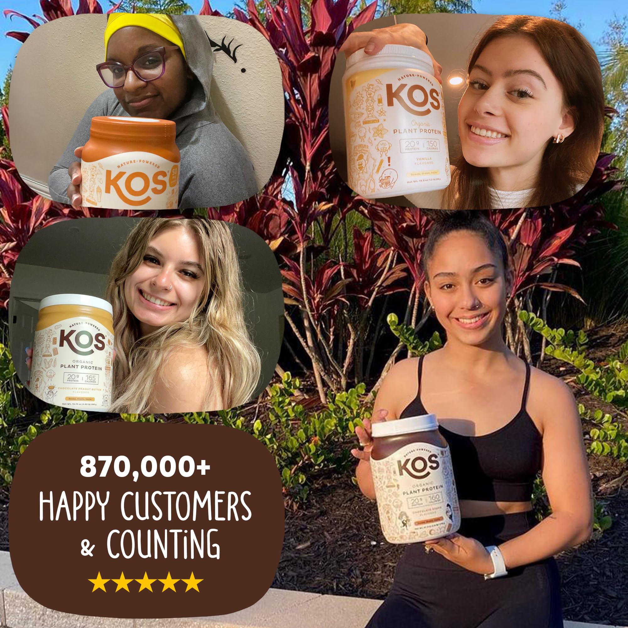 KOS etiqueta nutricional clara que resalta vitaminas y 20 g proteína