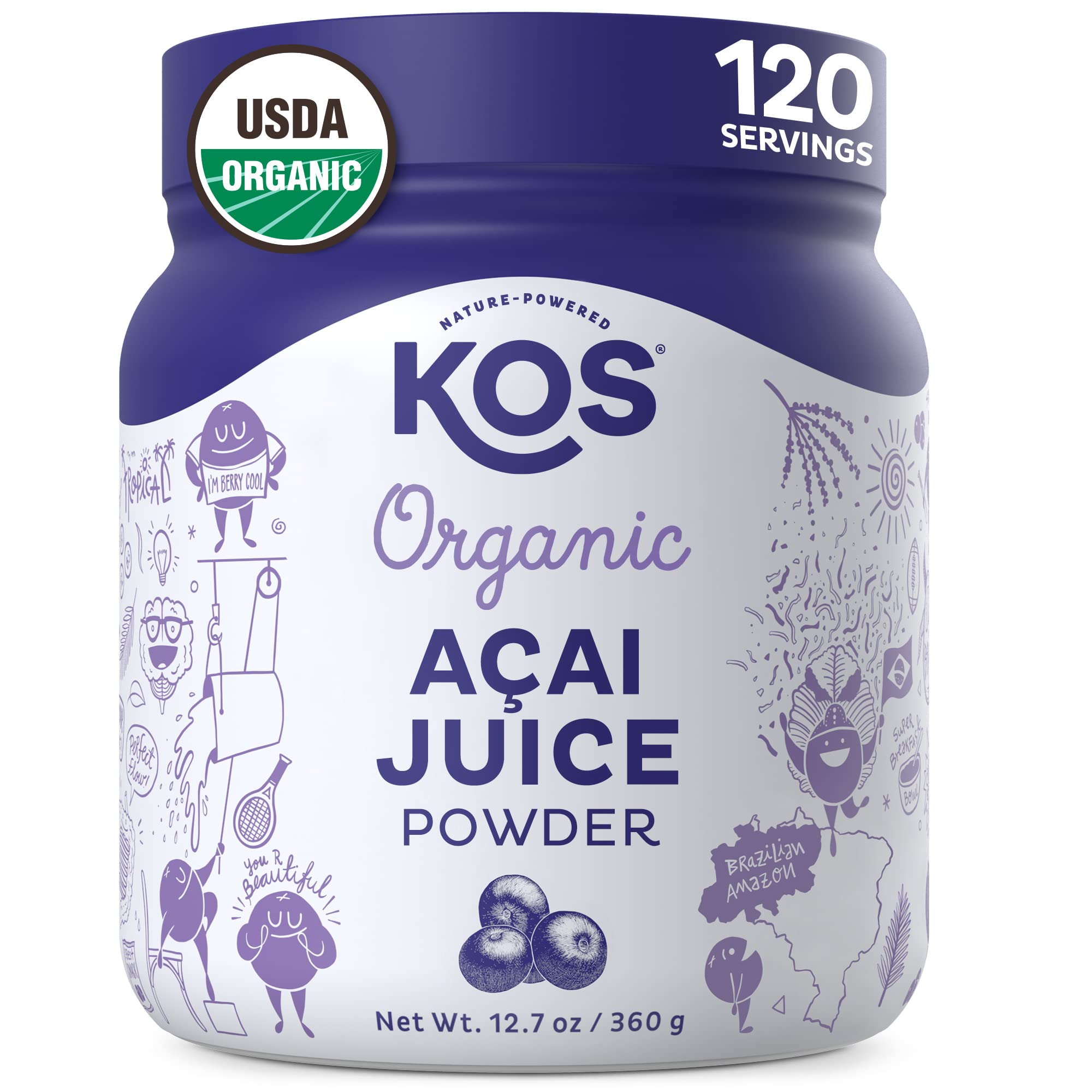 KOS envase frontal de acai en polvo mostrando diseño y beneficios orgánicos