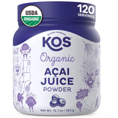 KOS envase frontal de acai en polvo mostrando diseño y beneficios orgánicos