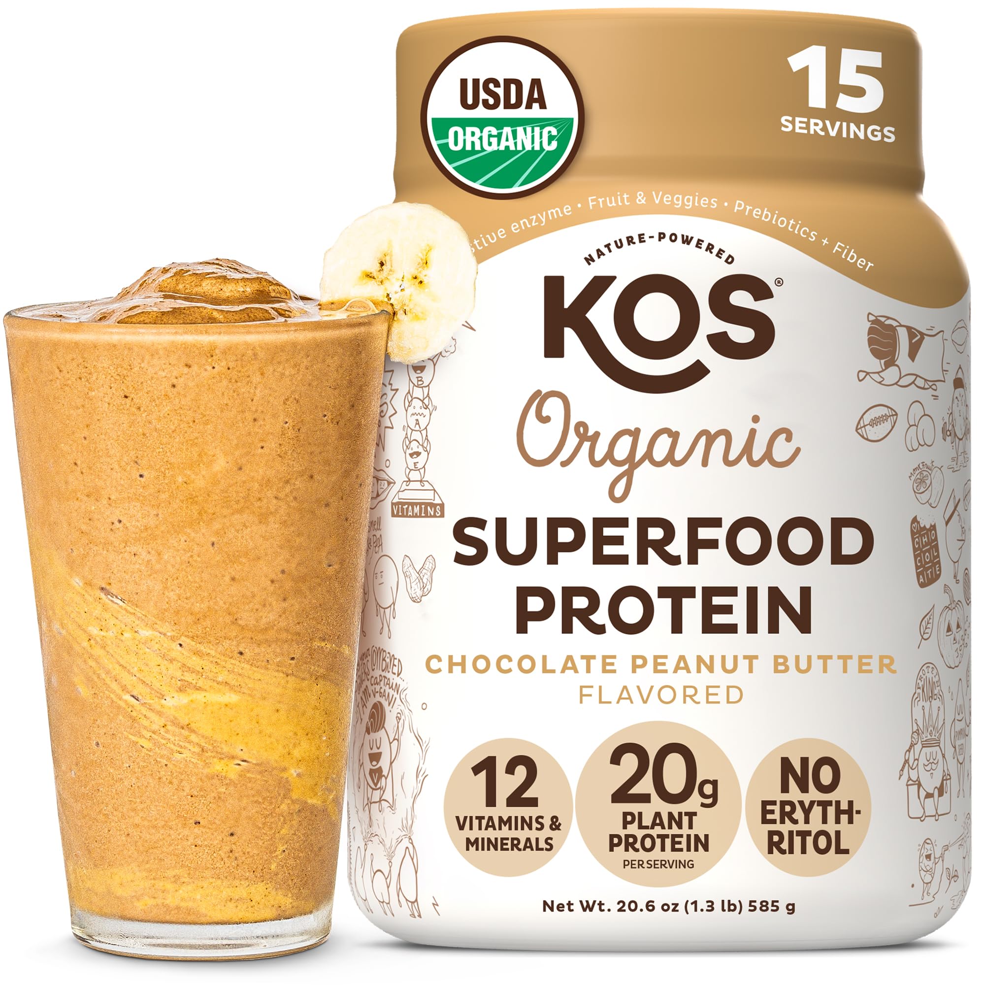 KOS envase frontal con sabor chocolate mantequilla de cacahuete mostrando beneficios orgánicos