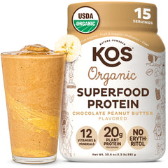 KOS envase frontal con sabor chocolate mantequilla de cacahuete mostrando beneficios orgánicos